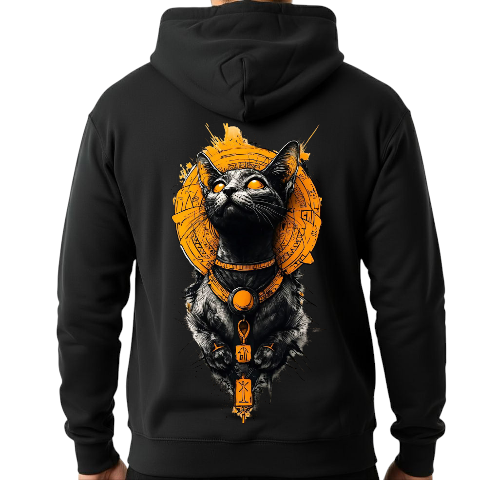 Unisex Black Hoodie - Printed Egyptian Cat (Back)