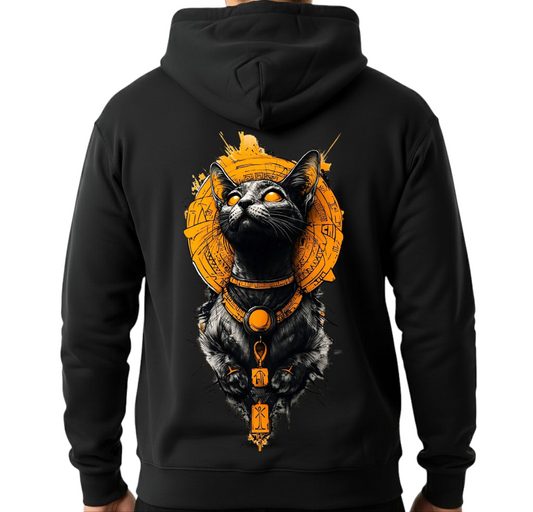 Unisex Black Hoodie - Printed Egyptian Cat (Back)