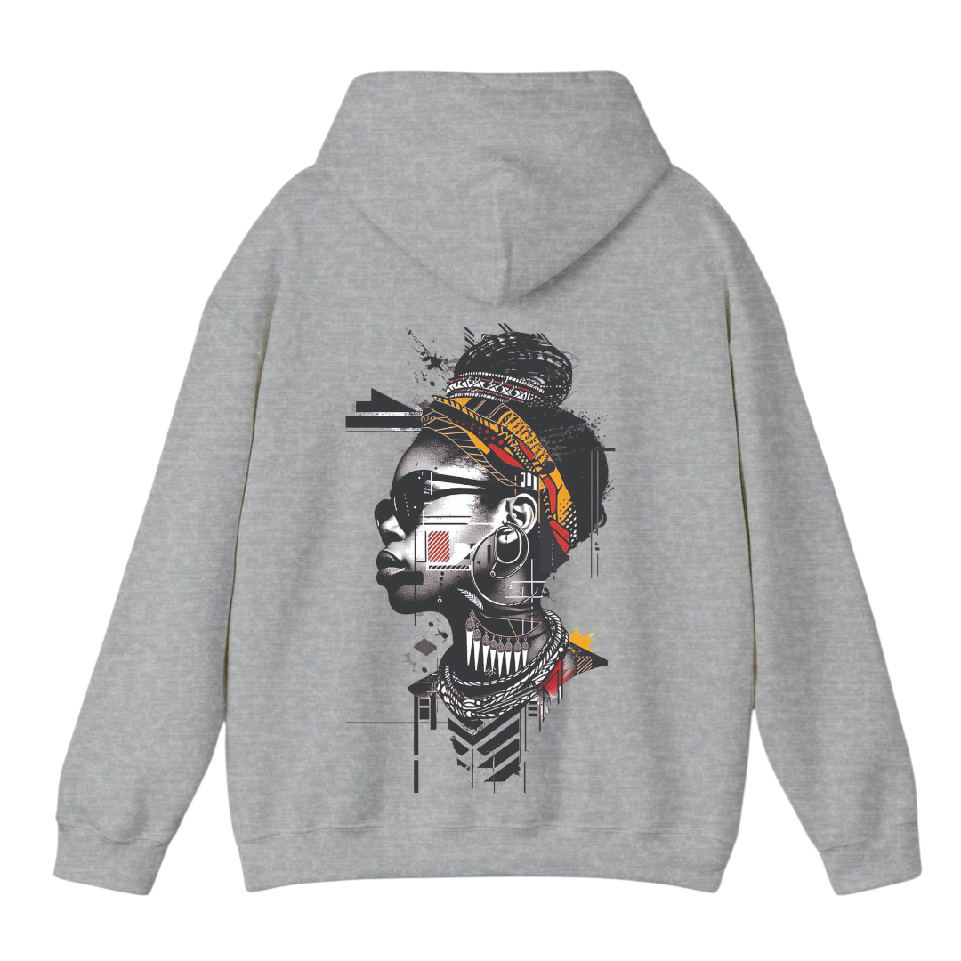 هودي رمادي للجنسين - امرأة أفريقية مطبوعة (الظهر)