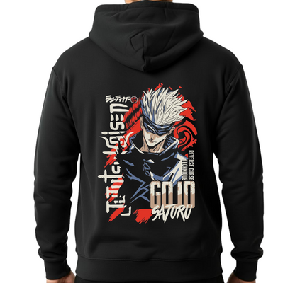 هودي أسود للجنسين - مطبوع عليه ساتورو جوجو (خلفي)