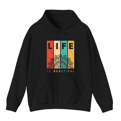 هودي أسود للجنسين - مطبوع عليه عبارة "الحياة جميلة"