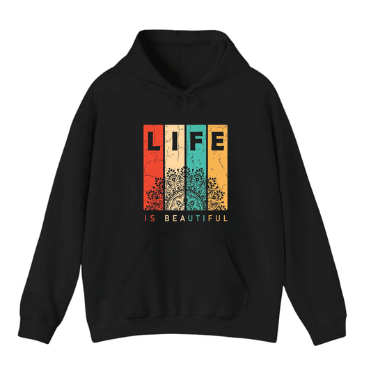 هودي أسود للجنسين - مطبوع عليه عبارة "الحياة جميلة"