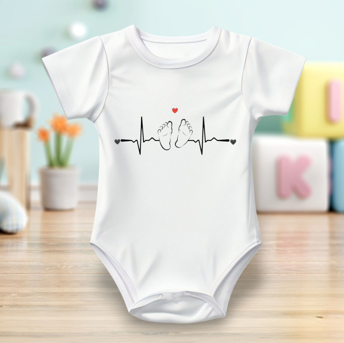 Baby Bodysuit Onesie Half Sleeves - Printed baby feet heartbeat